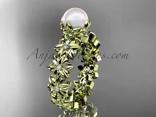 14k yellow gold diamond pearl vine and leaf engagement ring AP57