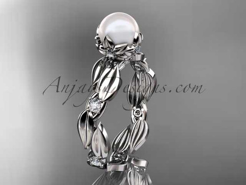 14k white gold diamond pearl vine and leaf engagement ring AP58