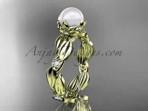 14k yellow gold diamond pearl vine and leaf engagement ring AP58