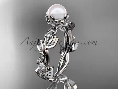 14k white gold diamond pearl vine and leaf engagement ring AP59