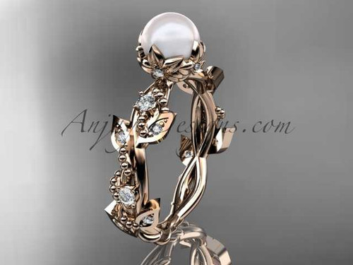 14k rose gold diamond pearl vine and leaf engagement ring AP59