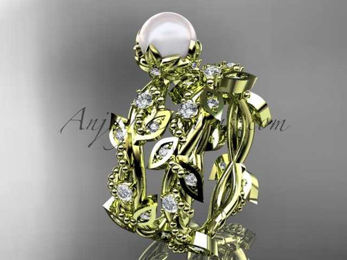 14k yellow gold diamond pearl vine and leaf engagement ring AP59S