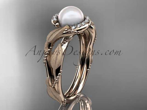 14k rose gold diamond pearl vine and leaf engagement ring AP65