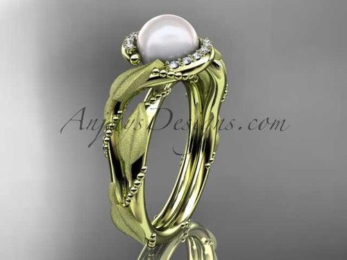 14k yellow gold diamond pearl vine and leaf engagement ring AP65