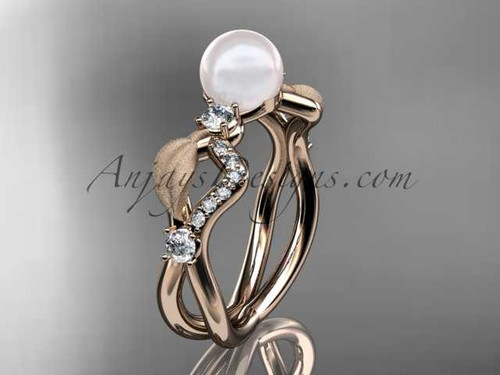 14k rose gold diamond pearl leaf engagement ring AP68
