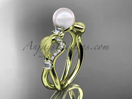 14k yellow gold diamond pearl leaf engagement ring AP68