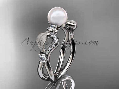 Platinum diamond pearl leaf engagement ring AP68