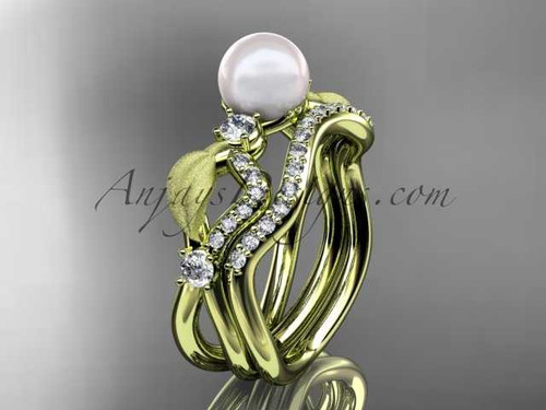 14k yellow gold diamond pearl leaf engagement set AP68S