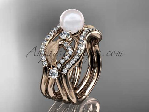 14k rose gold diamond pearl leaf engagement ring with double matching band AP68S
