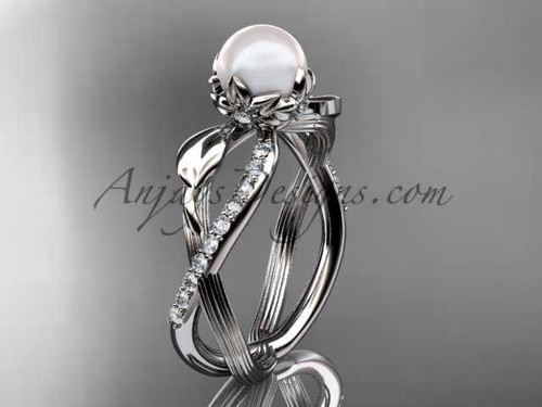 14k white gold diamond pearl vine and leaf engagement ring AP70