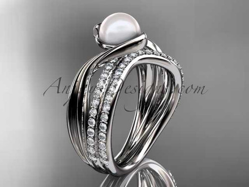 14k white gold diamond pearl engagement ring, wedding set AP78S