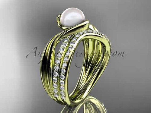 14k yellow gold diamond pearl engagement ring, wedding set AP78S