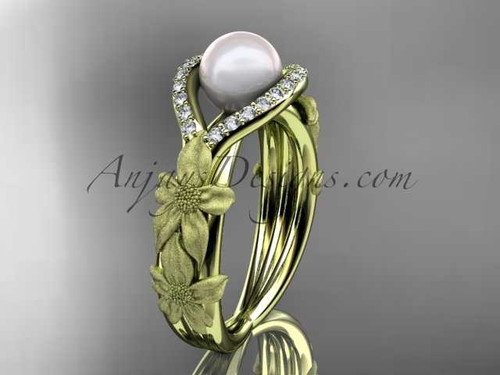 14k yellow gold diamond pearl vine and leaf engagement ring AP85