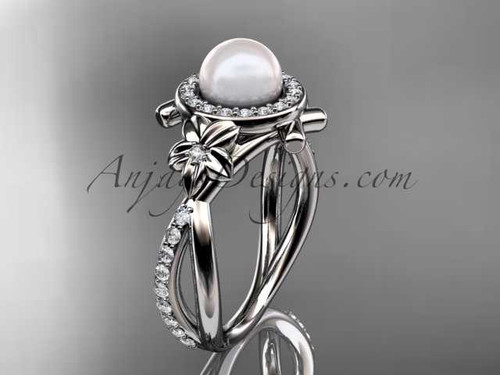 14k white gold diamond pearl vine and leaf engagement ring AP89