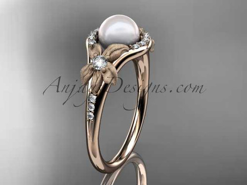 14k rose gold diamond pearl vine and leaf engagement ring AP91