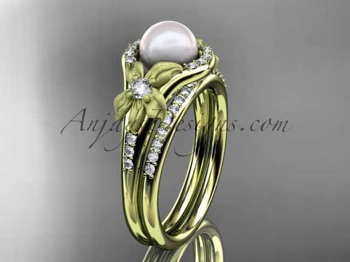 14k yellow gold diamond pearl vine and leaf engagement set AP91S