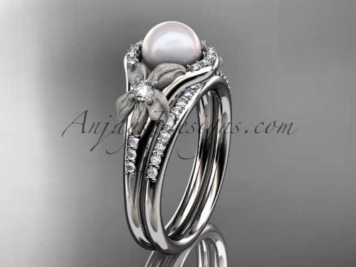 Platinum diamond pearl vine and leaf engagement set AP91S