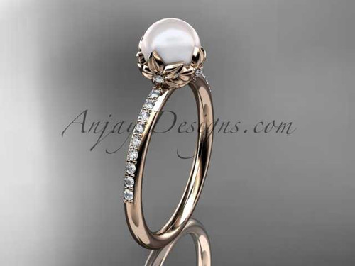 Flower Diamond and Pearl Engagement Ring, 14kt Rose Gold Bridal Ring AP92