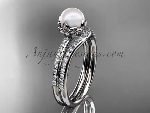 14k white gold diamond pearl unique engagement ring set AP92S