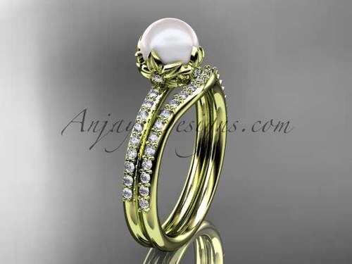 Unique Pearl Wedding Set in 14kt Yellow Gold, Pearl and Diamond Flower Engagement Ring AP92S
