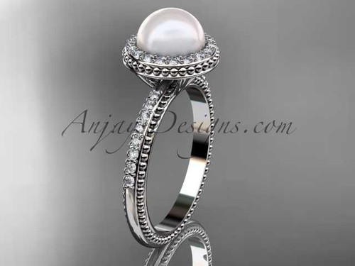 Pearl vintage engagement rings platinum diamond halo engagement ring AP95