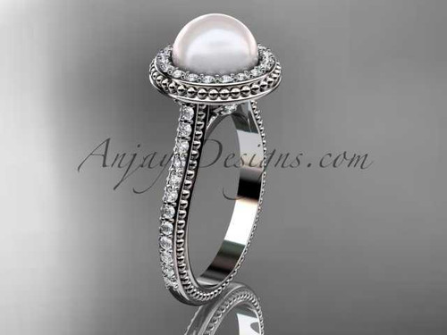 14k white gold diamond pearl vine and leaf engagement ring AP97
