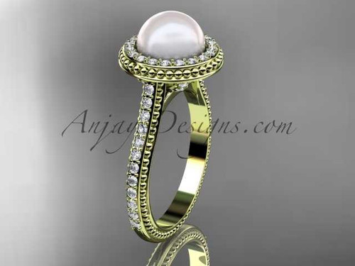 14k yellow gold diamond pearl vine and leaf engagement ring AP97
