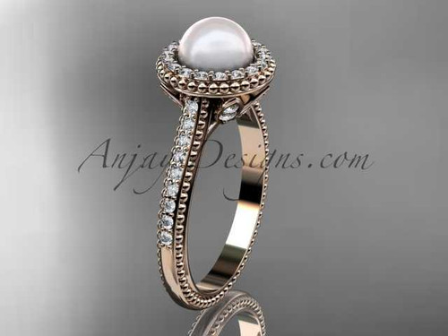 Halo Diamond and Pearl Engagement Ring , 14kt Rose Gold Classic Solitaire Ring AP101
