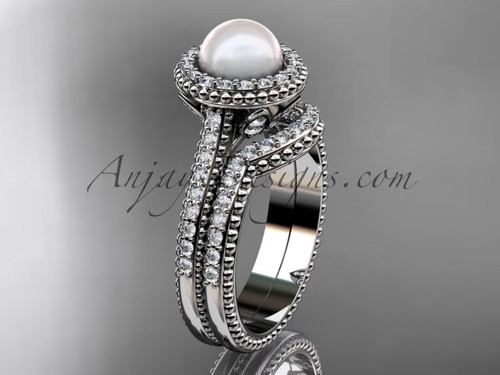 Handcrafted Luxury Halo Diamond Engagement Ring Set, White Gold Pearl Wedding Ring 