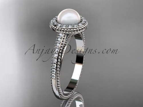  Diamond and Pearl Vintage Engagement Ring, Unique White Gold Antique Ring