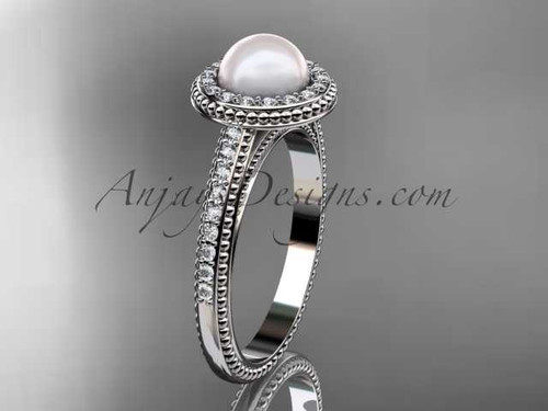 Timeless Pearl Engagement Rings, Platinum Halo Engagement Ring AP104