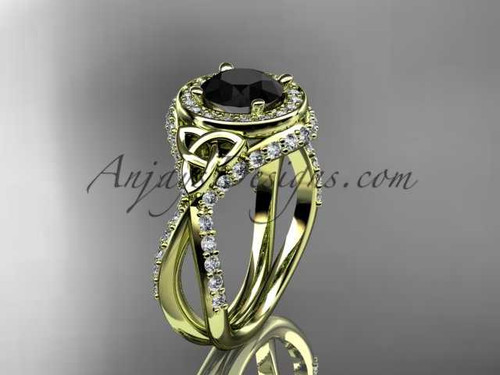 14kt yellow gold diamond celtic trinity knot wedding ring, engagement ring with a Black Diamond center stone CT7416