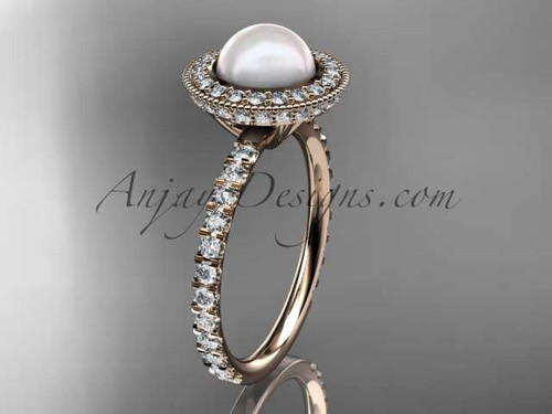Traditional Double Halo Diamond Engagement Ring, Rose Gold Pearl Wedding Ring AP106