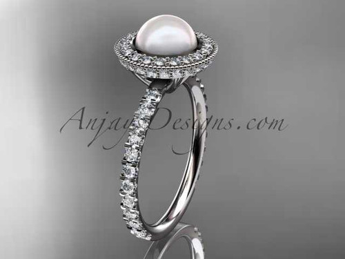 Amazing Pearl Engagement Ring, Platinum Halo Diamond Ring AP106