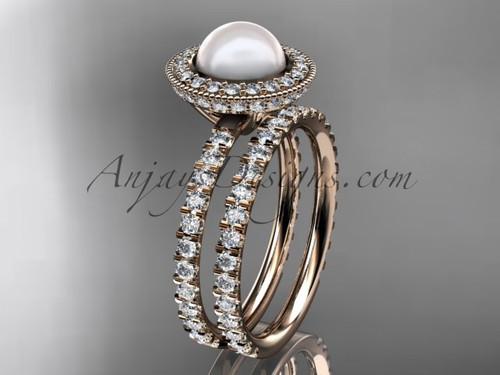 Luxury Pearl Wedding Set, Rose Gold Diamond Engagement Ring for Women