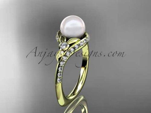 Flawless Nature Inspired Pearl Wedding Ring, 14kt Yellow Gold Leaf Diamond Engagement Ring AP112