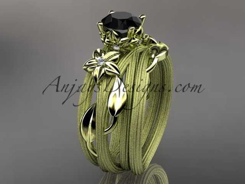 14kt yellow gold diamond floral, leaf and vine wedding ring, engagement set with a Black Diamond center stone ADLR253S