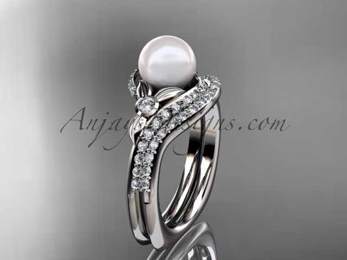 Pearl Leaf Engagement Ring Set, 14k White Gold Diamond Bridal Ring AP112S