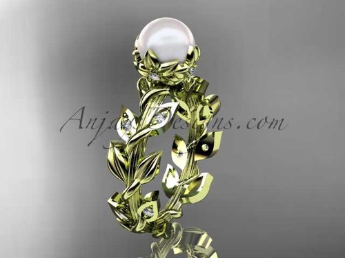 Vine and Leaf Pearl Engagement Ring, 14kt Yellow Gold Beautiful Flower Wedding Ring AP124