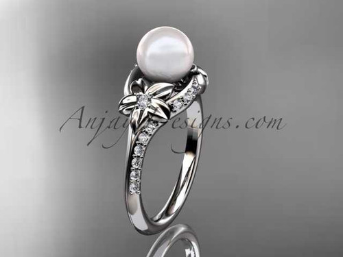Amazing Diamond and Pearl Wedding Ring, Platinum Floral Engagement Ring AP125