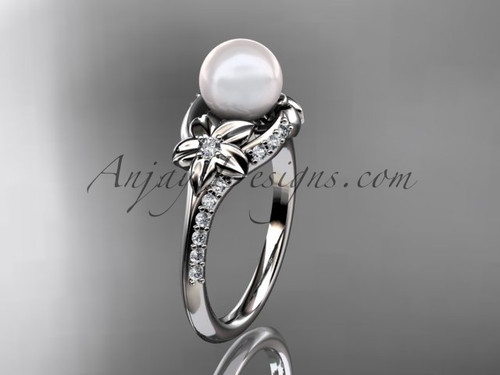 Nature Themed Ring, Modern Flower Pearl Engagement Ring, Diamond Wedding Ring