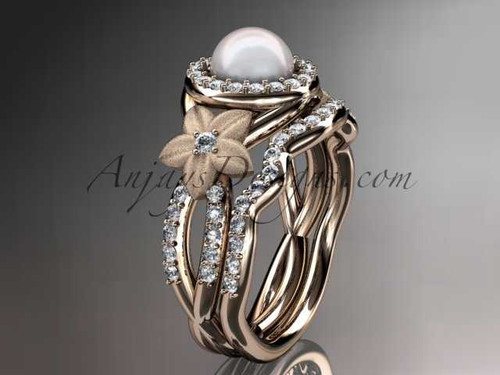 14kt rose gold diamond floral wedding ring, engagement set AP127S