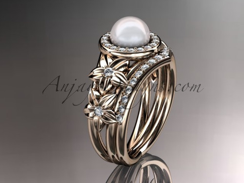 14kt rose gold diamond floral wedding ring, engagement set AP131S