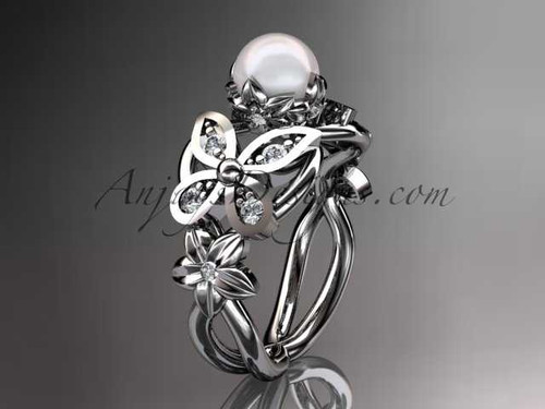 14kt white gold diamond pearl unique engagement ring, butterfly wedding ring AP136