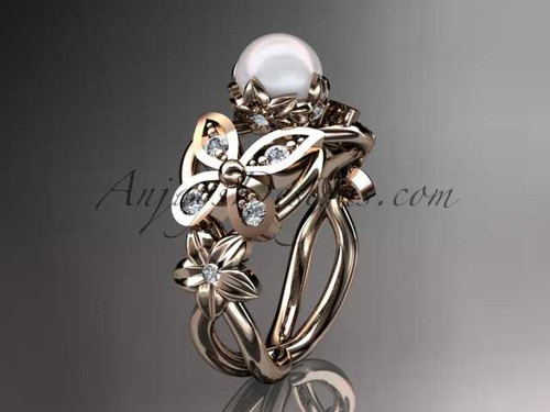 14kt rose gold diamond pearl unique engagement ring, butterfly wedding ring AP136
