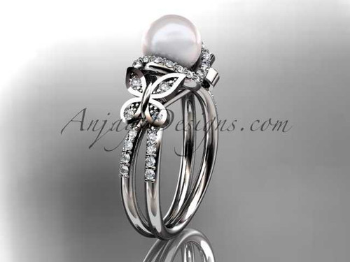 Platinum diamond pearl unique engagement ring, butterfly wedding ring AP141
