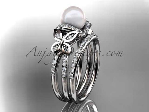 14kt white gold diamond pearl unique engagement set, butterfly wedding ring AP141S