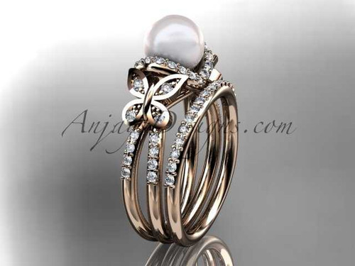 14kt rose gold diamond pearl unique engagement set, butterfly wedding ring AP141S