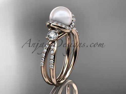14kt rose gold diamond pearl unique engagement ring, wedding ring AP146