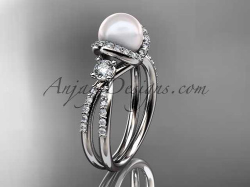 Platinum diamond pearl unique engagement ring, wedding ring AP146